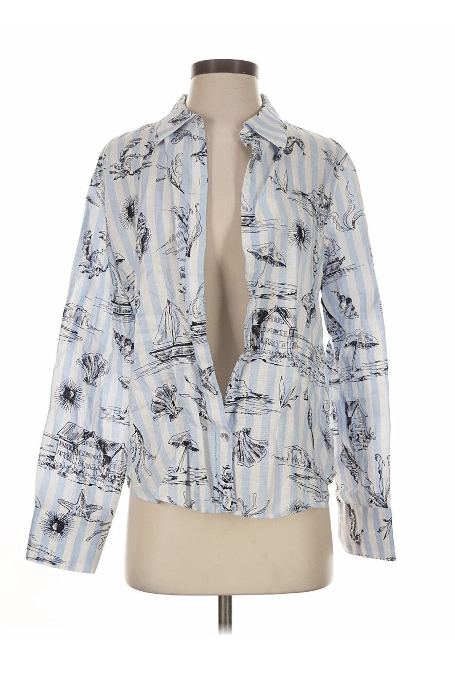 martha stewart Linen Coastal Motif Nautical Print Blue White Button down Linen S